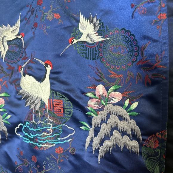Vintage Silk Blend Chinese Hand Embroidered Kimono Robe Flower Birds Crane Stork - Picture 8 of 9